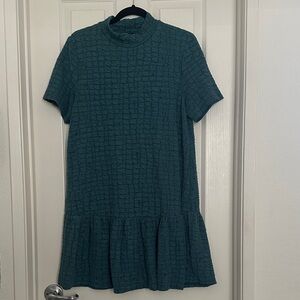 Zara Teal Textured Short-Sleeve Drop-Waist Mini Dress